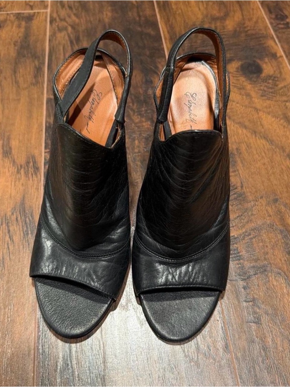 Elizabeth and James Black Leather Peep-Toe Platform Slingback Sandals